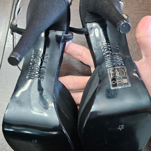 Love Moschino Satin Pom Pom Platform Heels Womens EU 37 US 7 Black Stiletto Y2K - Picture 12 of 12